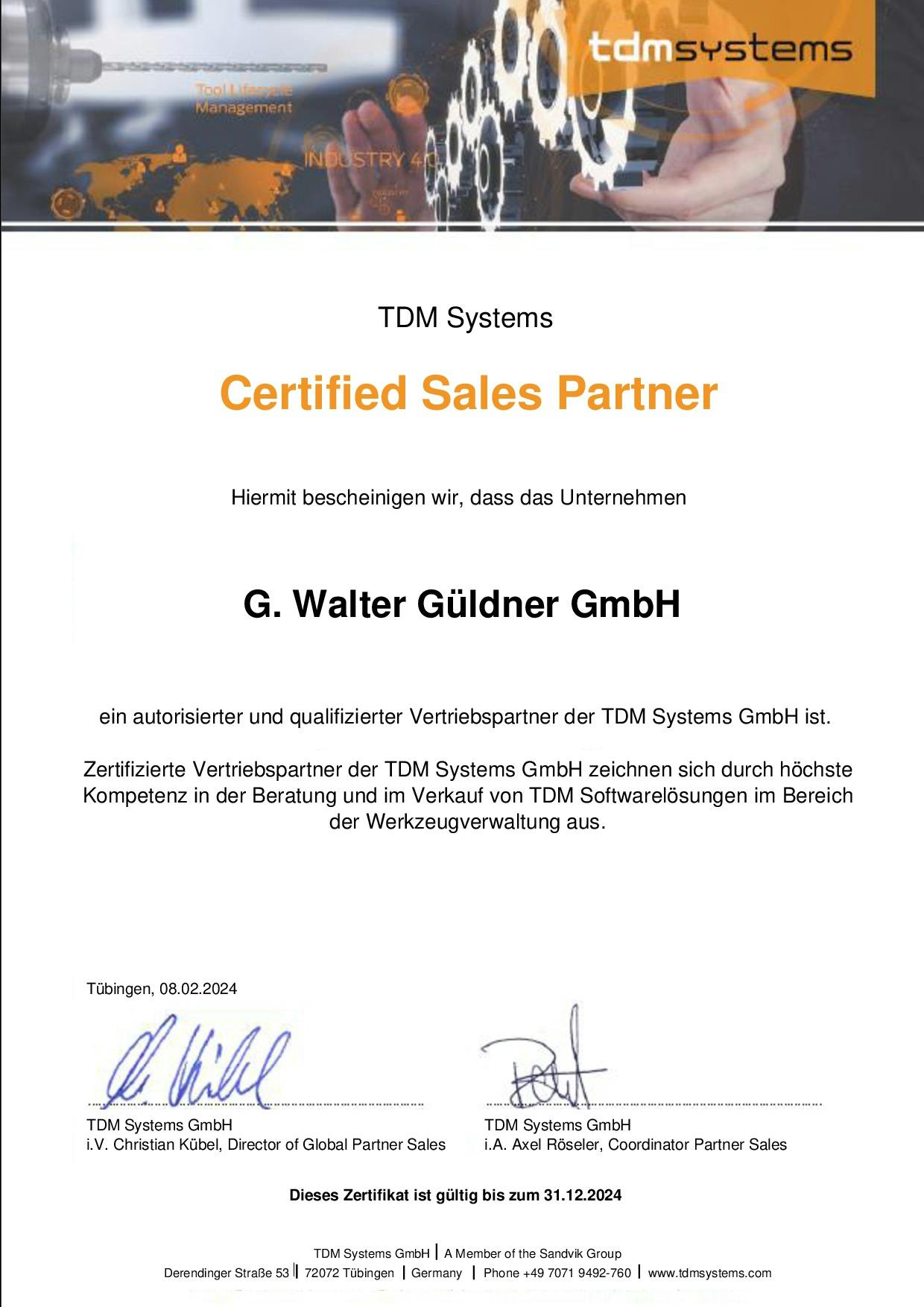 Zertifikat TDM Systems Güldner