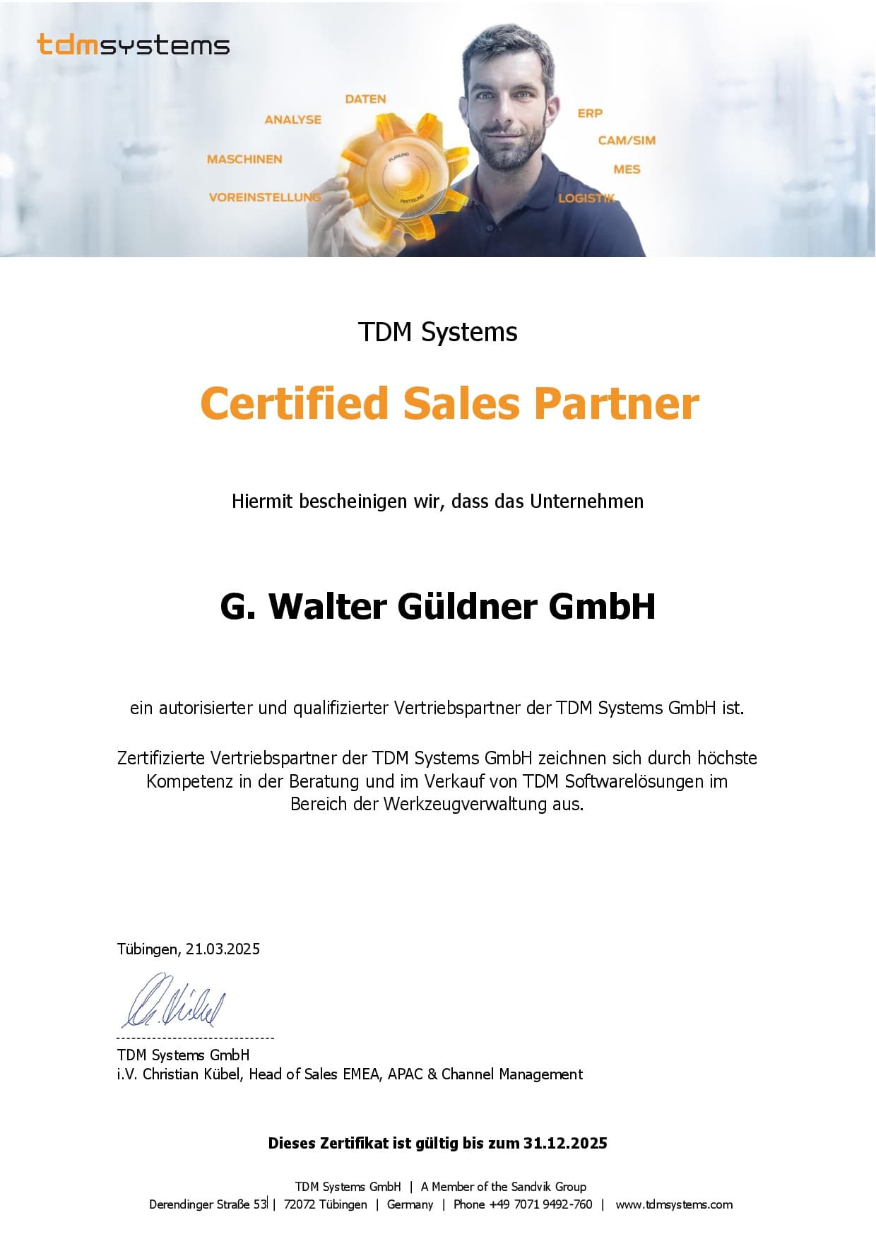Zertifikat TDM Systems Güldner